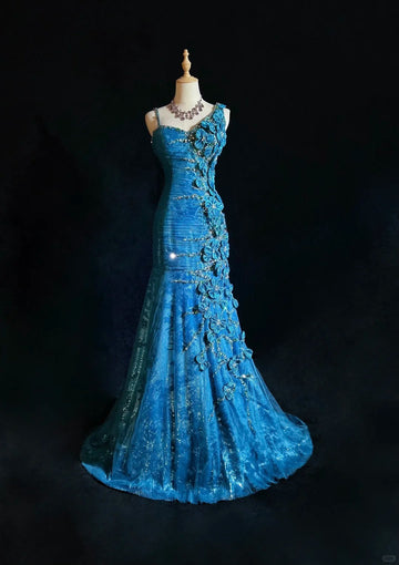 Niulatu Asymmetric Neck Mermaid Long Prom Dresses Vintage Tulle Sequin Blue Evening Dress Applique Sweet 16 Dress HZ1026